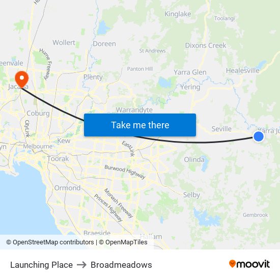 Launching Place to Broadmeadows map