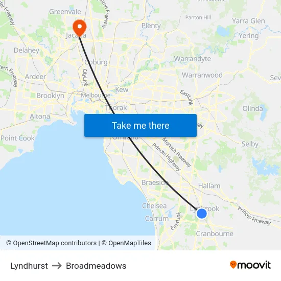 Lyndhurst to Broadmeadows map