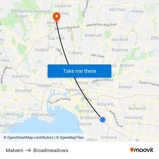 Malvern to Broadmeadows map