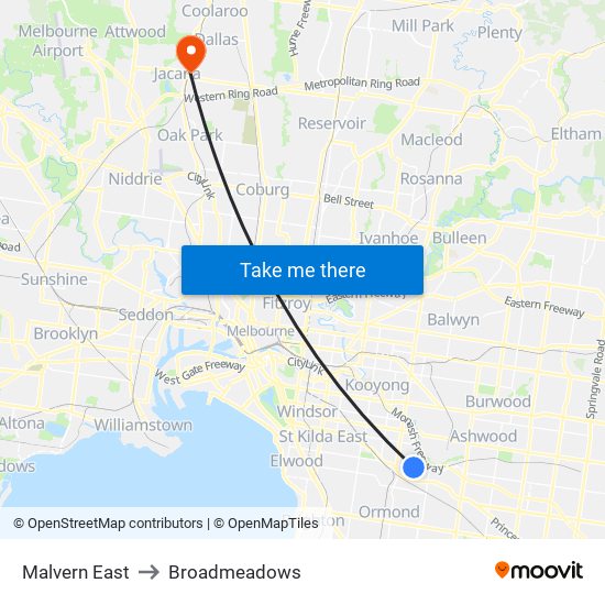 Malvern East to Broadmeadows map