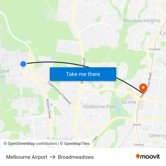 Melbourne Airport to Broadmeadows map