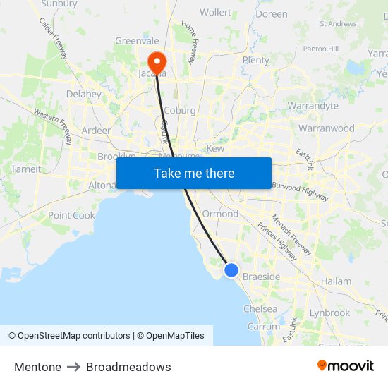 Mentone to Broadmeadows map