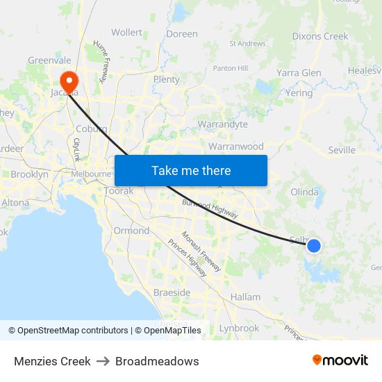 Menzies Creek to Broadmeadows map