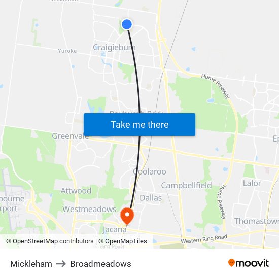 Mickleham to Broadmeadows map