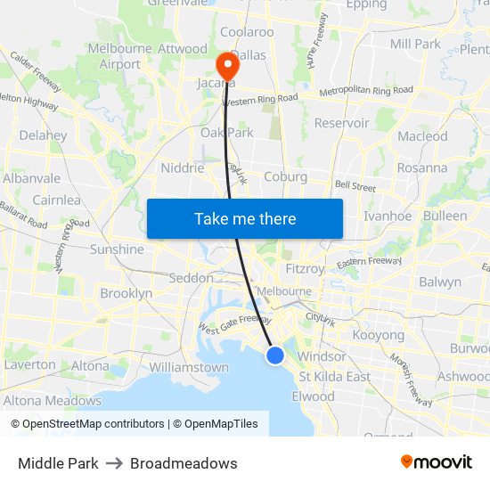 Middle Park to Broadmeadows map