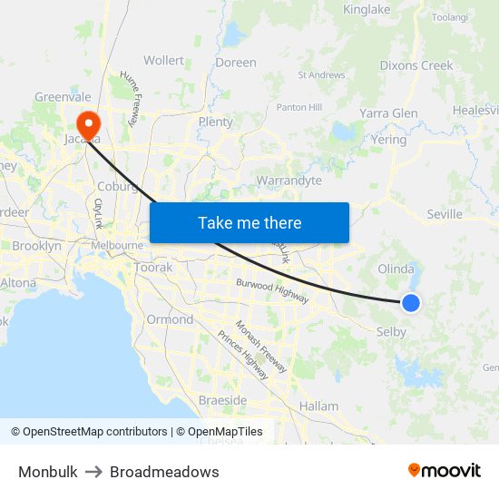 Monbulk to Broadmeadows map