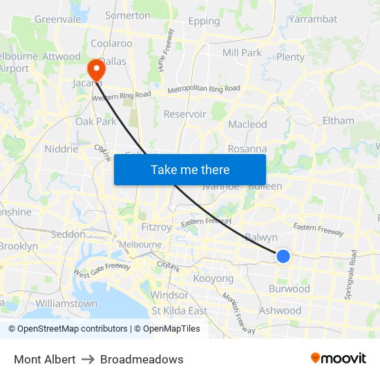 Mont Albert to Broadmeadows map