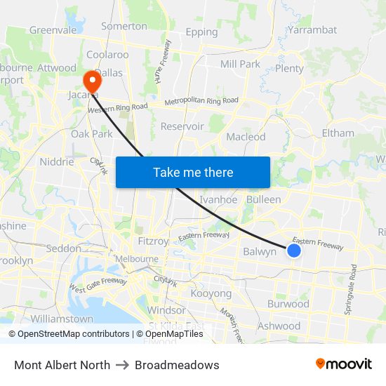 Mont Albert North to Broadmeadows map