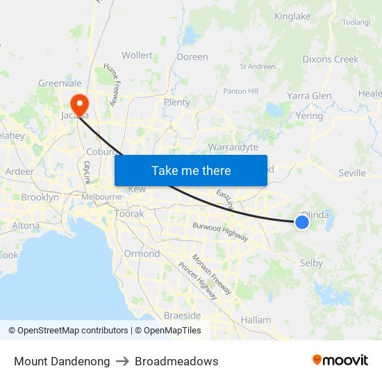 Mount Dandenong to Broadmeadows map