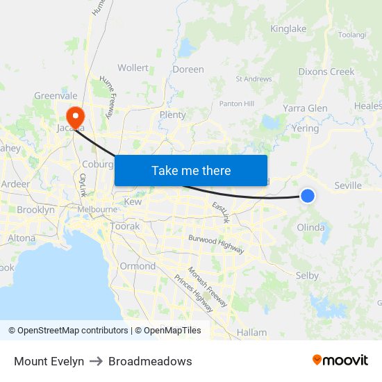 Mount Evelyn to Broadmeadows map