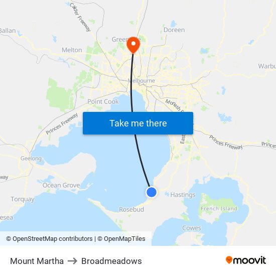 Mount Martha to Broadmeadows map