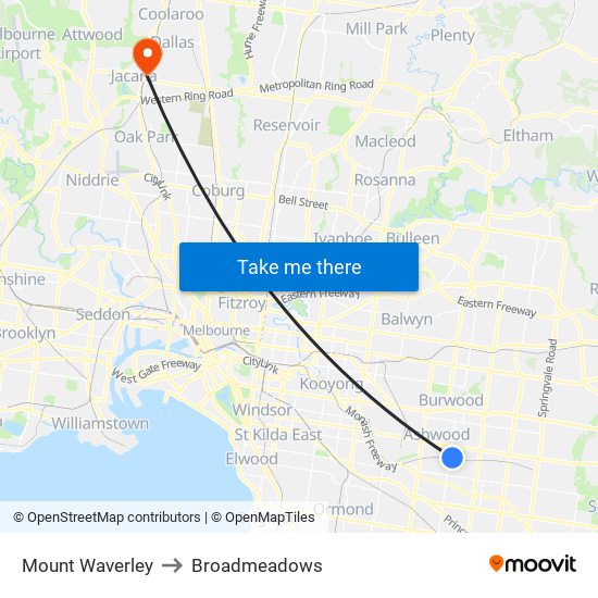 Mount Waverley to Broadmeadows map