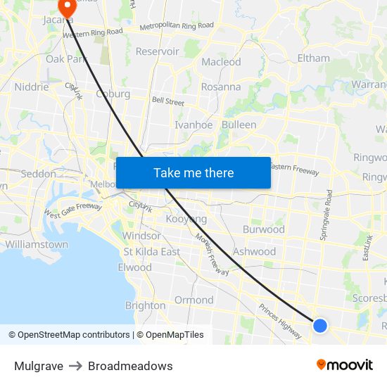 Mulgrave to Broadmeadows map