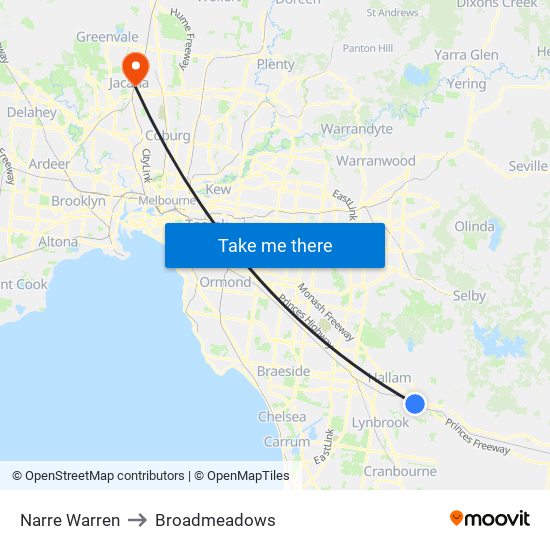 Narre Warren to Broadmeadows map