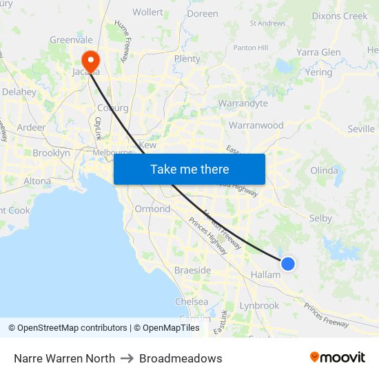 Narre Warren North to Broadmeadows map