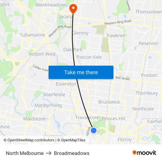 North Melbourne to Broadmeadows map