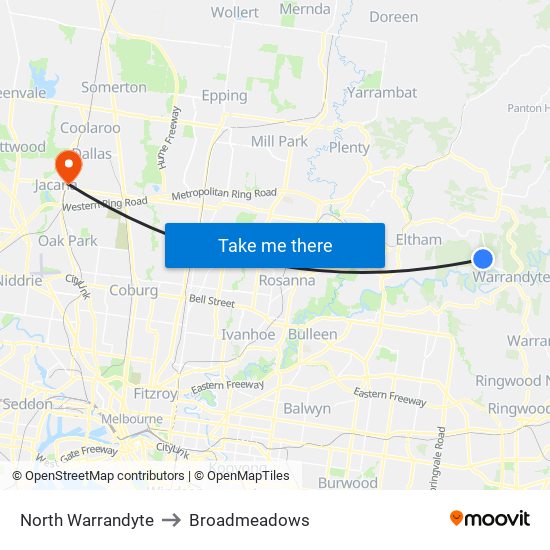 North Warrandyte to Broadmeadows map