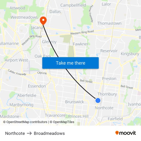 Northcote to Broadmeadows map