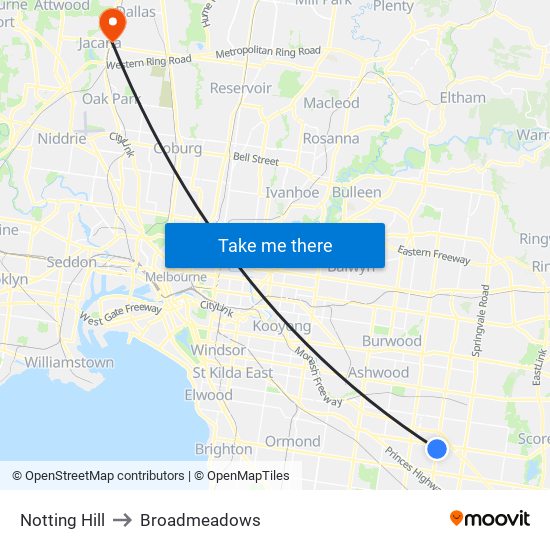 Notting Hill to Broadmeadows map