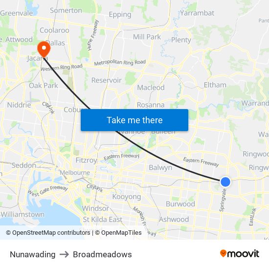 Nunawading to Broadmeadows map