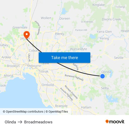 Olinda to Broadmeadows map