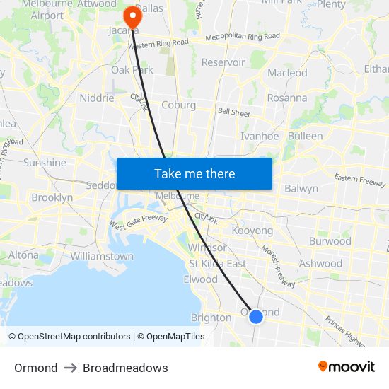 Ormond to Broadmeadows map