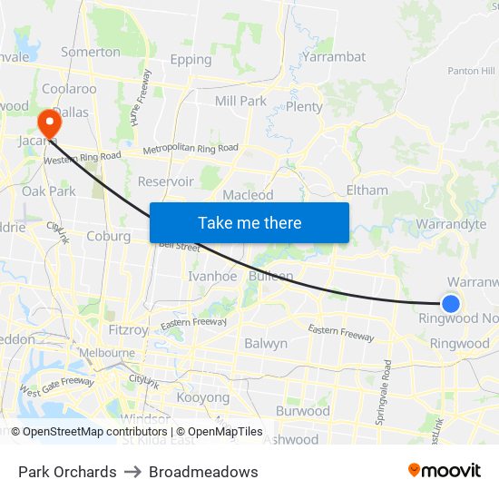 Park Orchards to Broadmeadows map