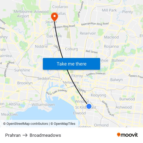 Prahran to Broadmeadows map