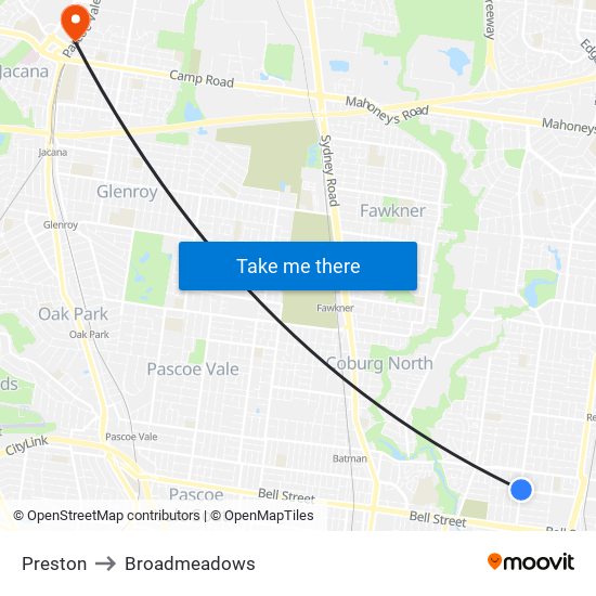 Preston to Broadmeadows map