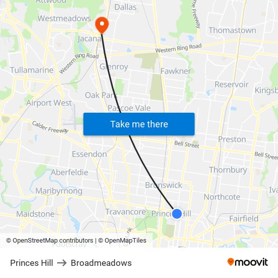 Princes Hill to Broadmeadows map