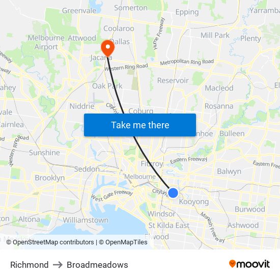 Richmond to Broadmeadows map