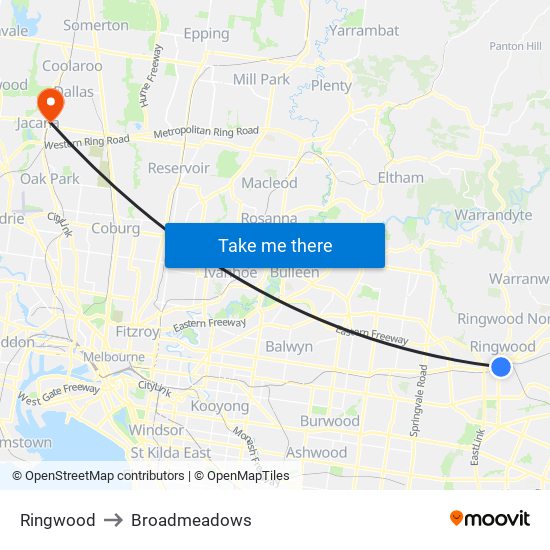 Ringwood to Broadmeadows map