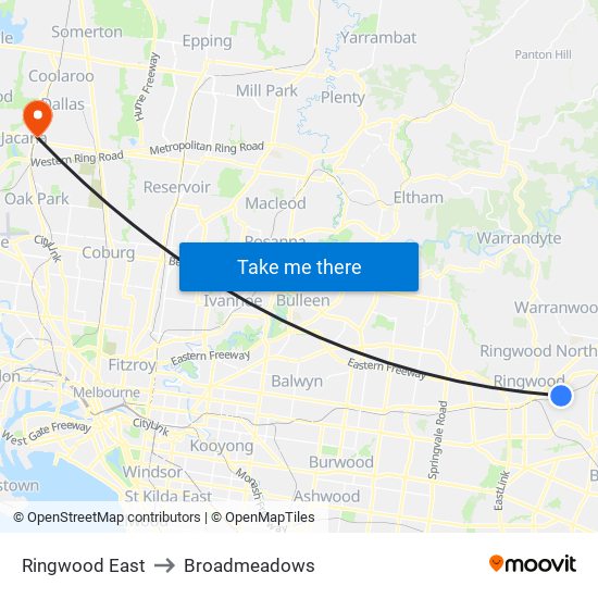 Ringwood East to Broadmeadows map