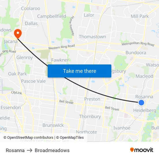 Rosanna to Broadmeadows map