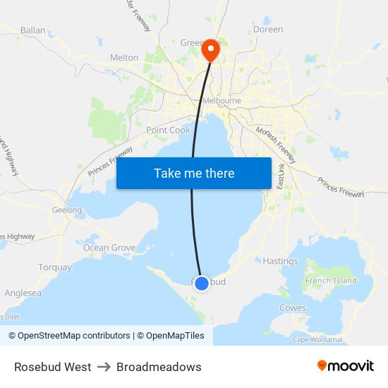 Rosebud West to Broadmeadows map