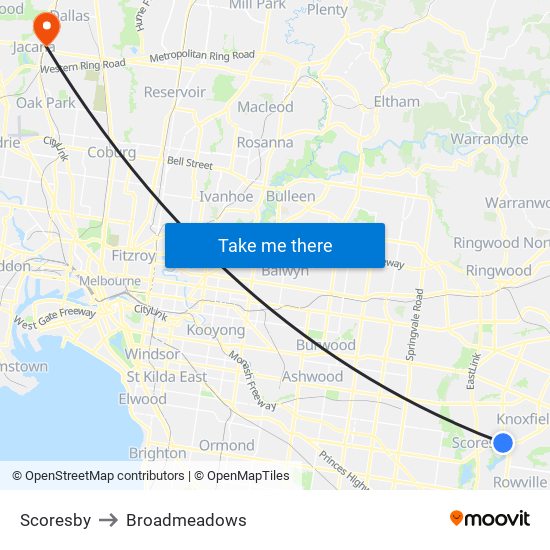 Scoresby to Broadmeadows map