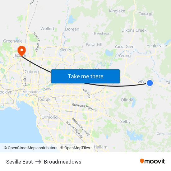 Seville East to Broadmeadows map