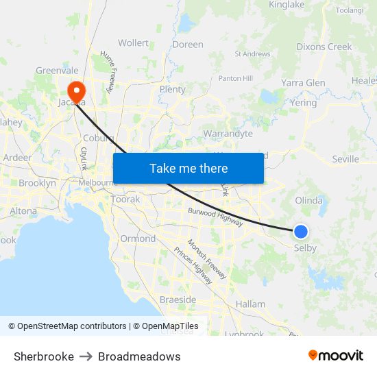 Sherbrooke to Broadmeadows map