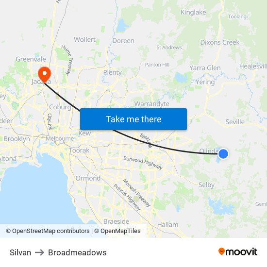 Silvan to Broadmeadows map