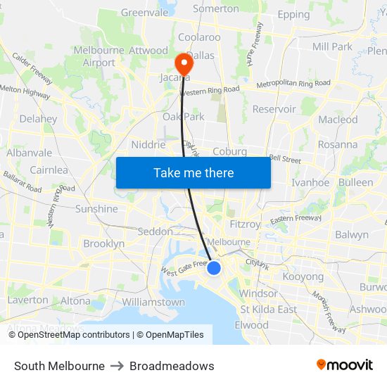 South Melbourne to Broadmeadows map