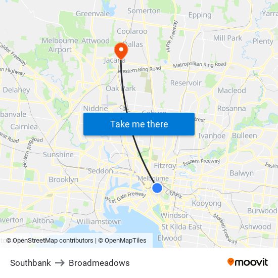 Southbank to Broadmeadows map