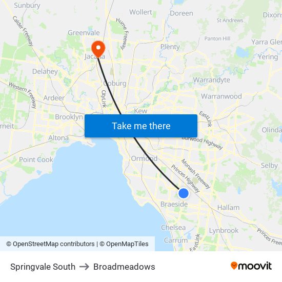 Springvale South to Broadmeadows map