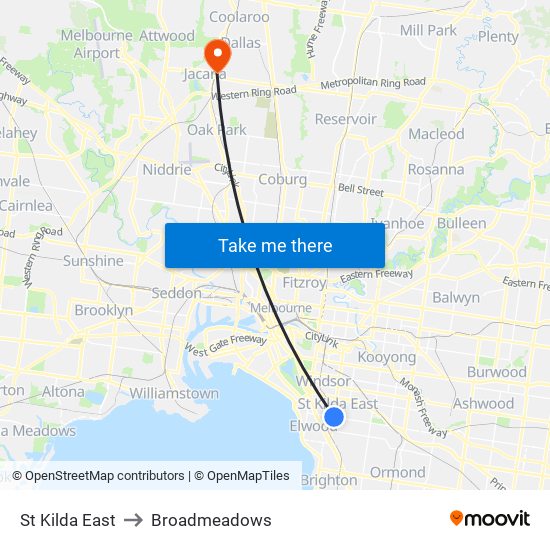 St Kilda East to Broadmeadows map