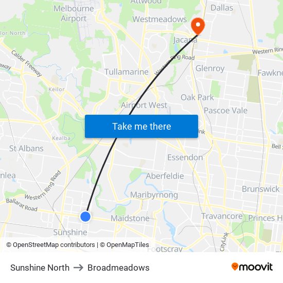 Sunshine North to Broadmeadows map