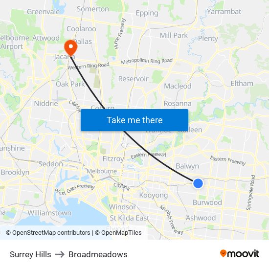 Surrey Hills to Broadmeadows map