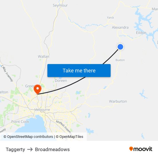 Taggerty to Broadmeadows map