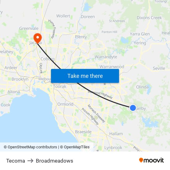 Tecoma to Broadmeadows map