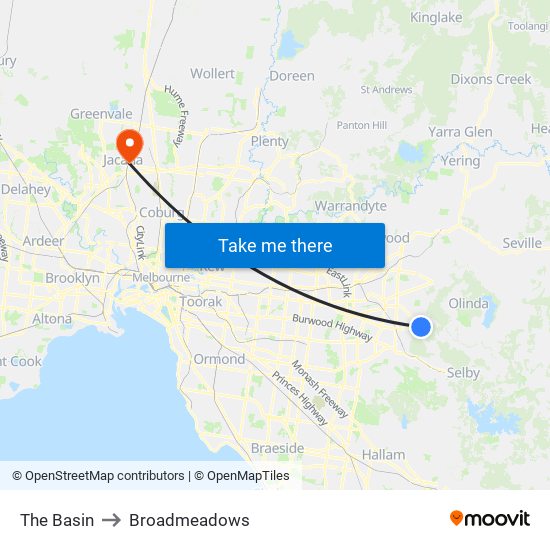 The Basin to Broadmeadows map