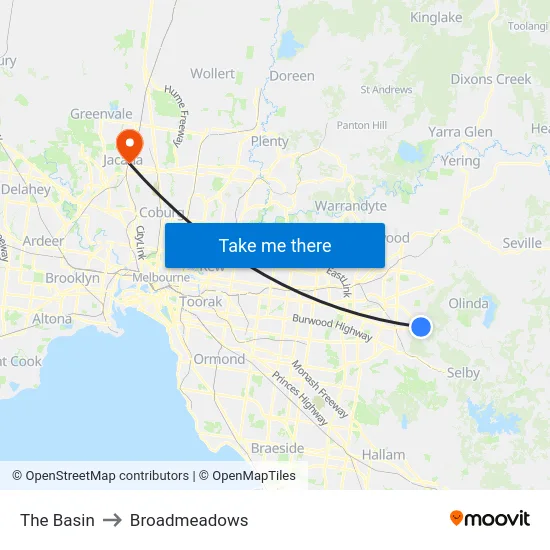 The Basin to Broadmeadows map
