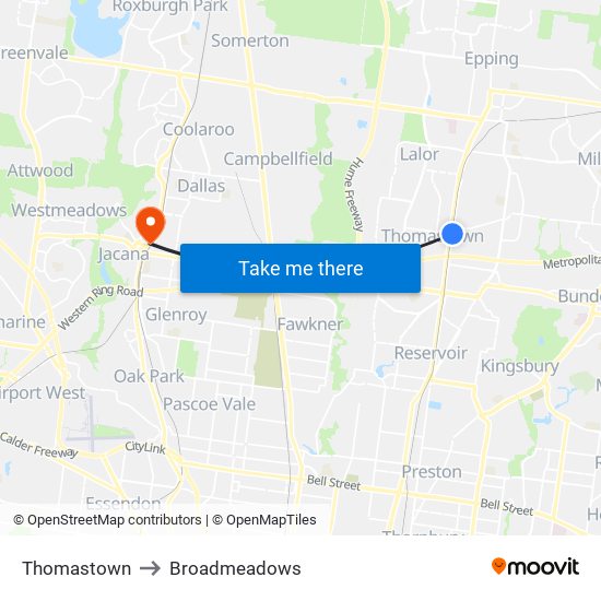 Thomastown to Broadmeadows map